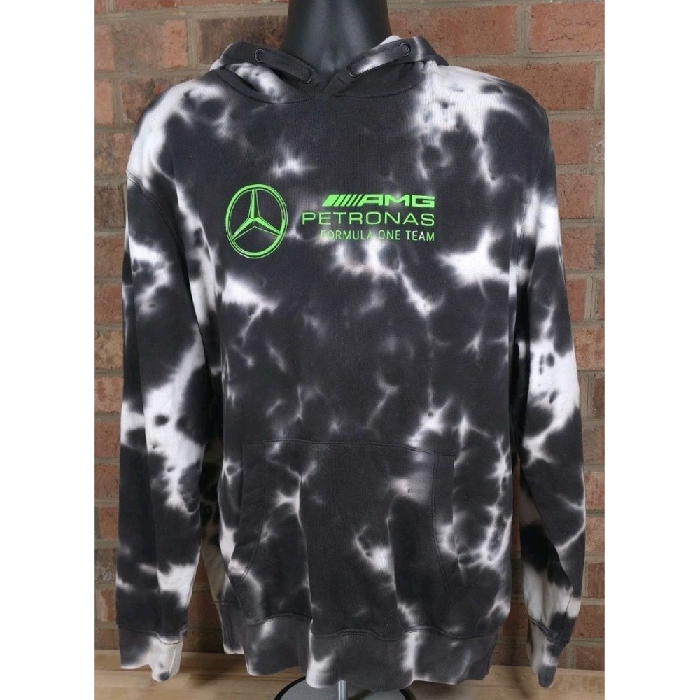 Mercedes AMG Petronas F1 Team Tie Dye Hoodie Mens XL Black White Green Logo